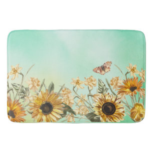 Green Yellow Ombre Watercolor Background Sunflower Bath Mat