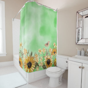 Green Yellow Ombre Watercolor Background Sunflower Shower Curtain