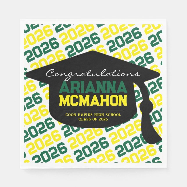 Green & Yellow Personalised Graduation Cap Paper Napkin (Front)