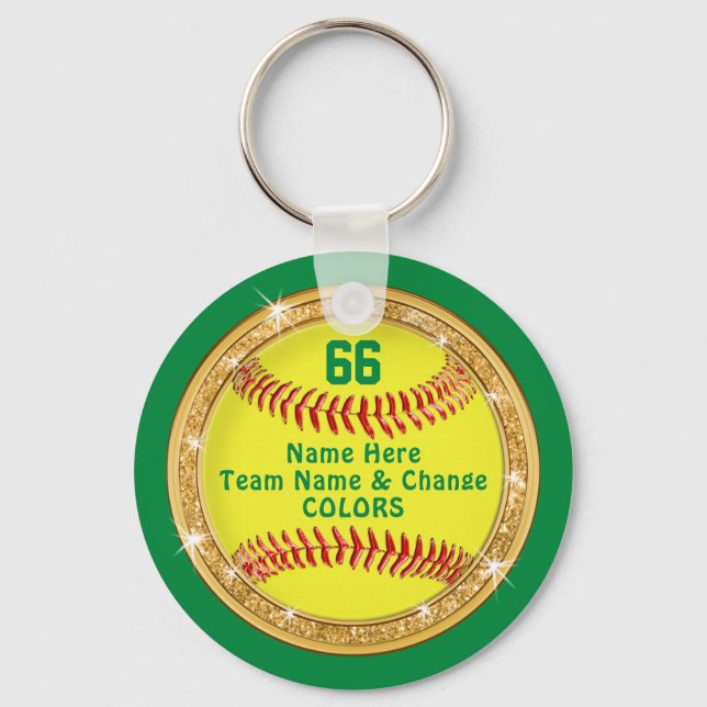 Green Yellow Personalised Softball Team Gift Ideas Key Ring (Front)