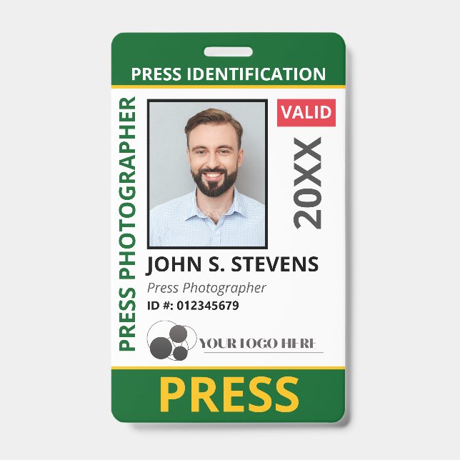 Green Yellow Photo & Logo Press ID QR Code Badge (Front)