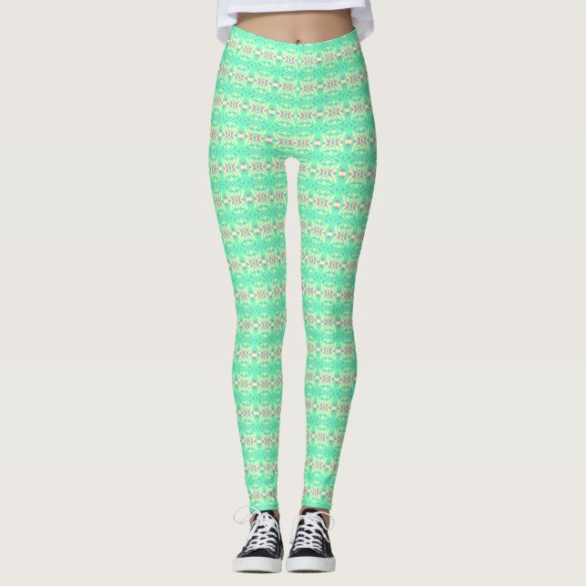 Green Yellow Pink Cross Deco Pattern Gym Fitness Leggings (Front)