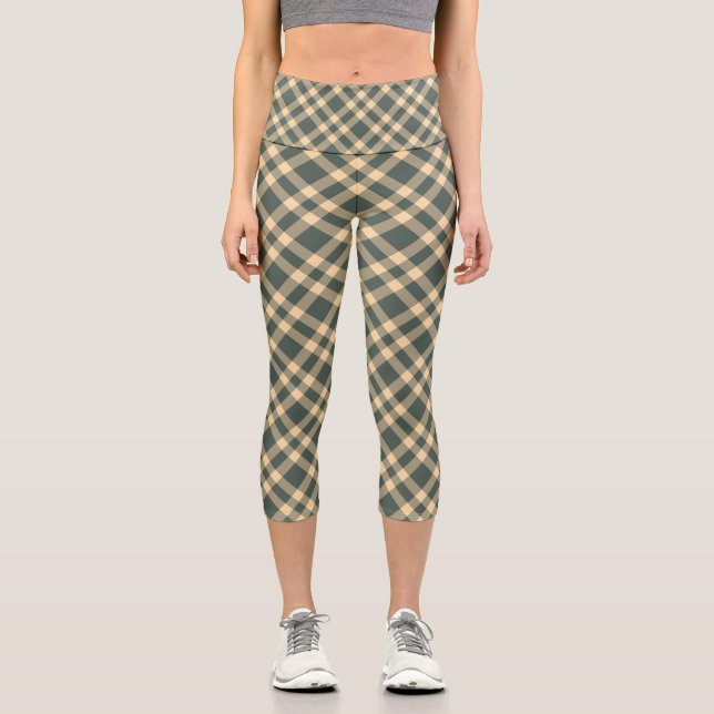 Green Yellow Plaid Pattern Capri Leggings (Front)