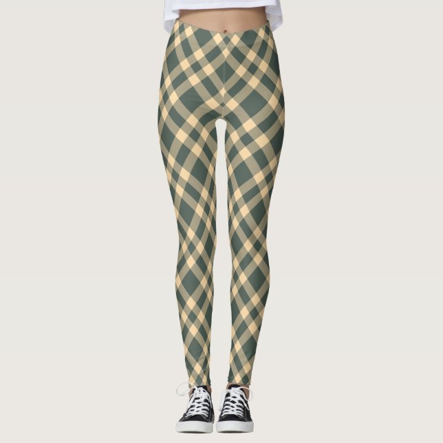 Green Yellow Plaid Pattern Leggings (Front)