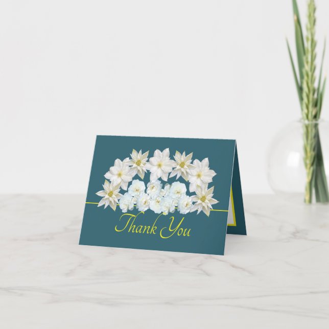 Green Yellow Pretty White Flower Bouquet Thank You Card (Front)