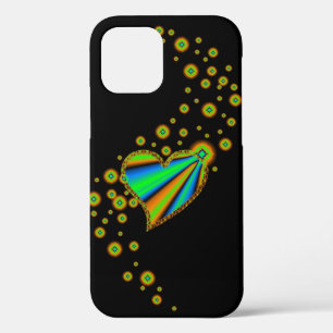 Green yellow Rainbow Heart with Stars on black iPhone 12 Case