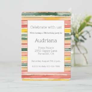 Green Yellow Red Pink Stripes 16th Birthday Invitation