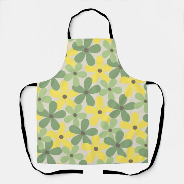 Green Yellow Retro Y2K 70s Flower Pattern Apron (Front)