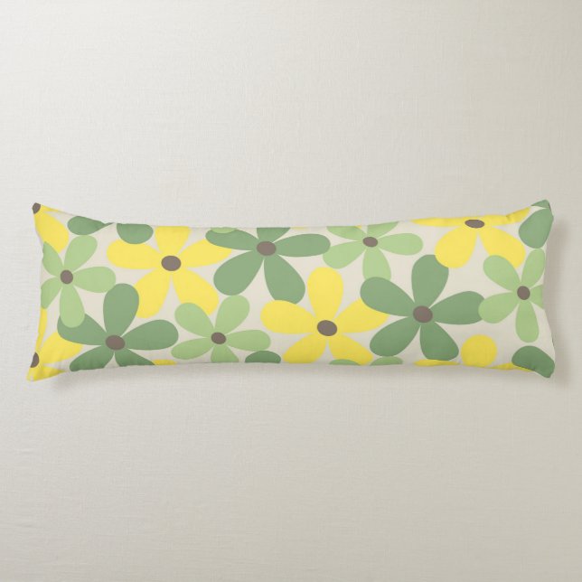 Green Yellow Retro Y2K 70s Flower Pattern Body Cushion (Front)