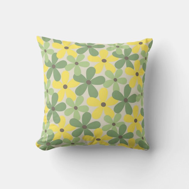 Green Yellow Retro Y2K 70s Flower Pattern Cushion (Front)