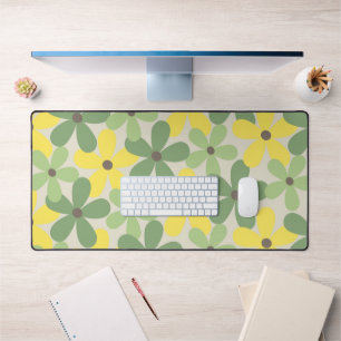 Green Yellow Retro Y2K 70s Flower Pattern Desk Mat