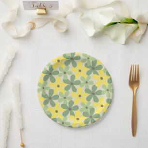 Green Yellow Retro Y2K 70s Flower Pattern Paper Plate