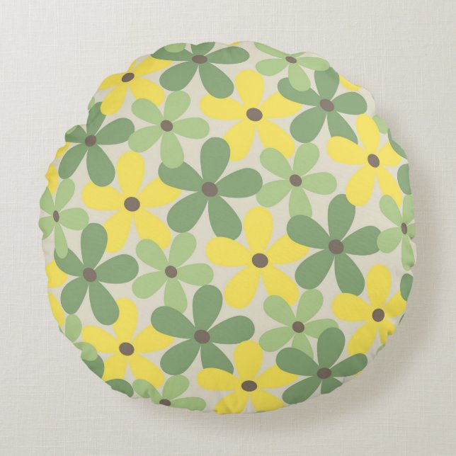 Green Yellow Retro Y2K 70s Flower Pattern Round Cushion (Front)