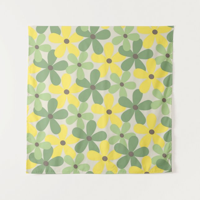 Green Yellow Retro Y2K 70s Flower Pattern Tapestry (Front)