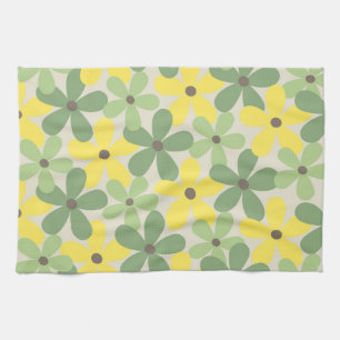 Green Yellow Retro Y2K 70s Flower Pattern Tea Towel