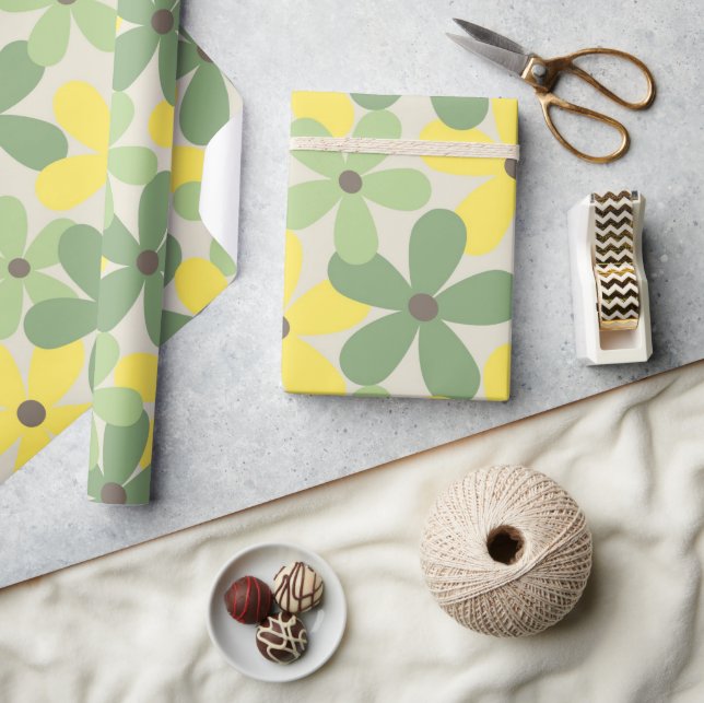 Green Yellow Retro Y2K 70s Flower Pattern Wrapping Paper (Crafts)