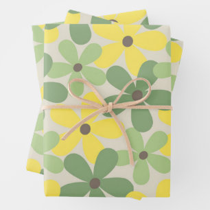 Green Yellow Retro Y2K 70s Flower Pattern Wrapping Paper Sheet