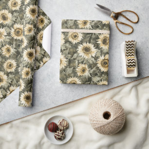 Green Yellow Sunflowers Birthday Wrapping Paper