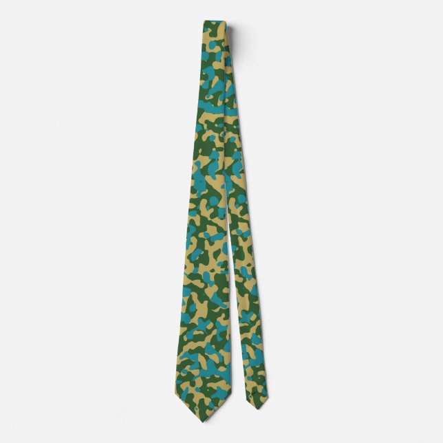 Green, Yellow, Teal Camouflage Camo Pattern Design Tie (Front)