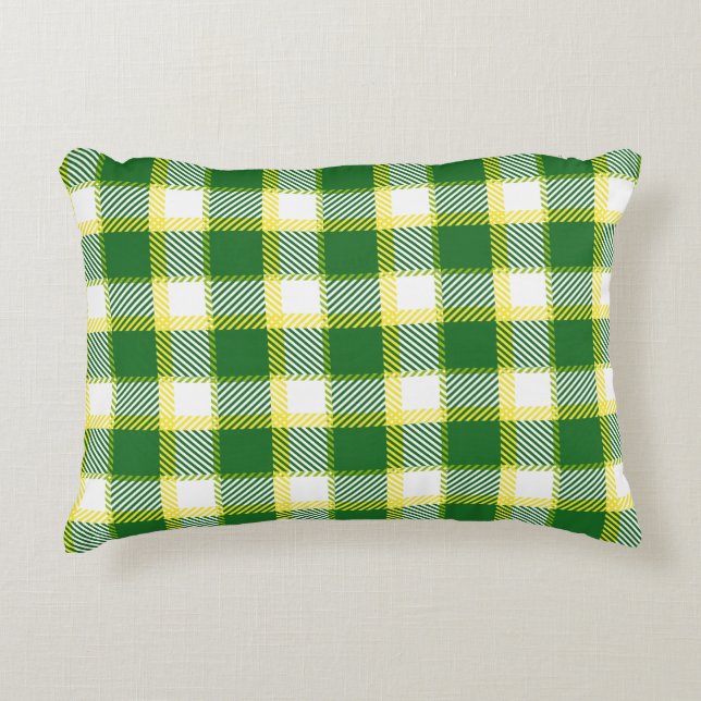Green & Yellow Tones Plaid Geometric Pattern Decorative Cushion (Front)