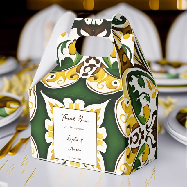 Green yellow vintage Mediterranean tile wedding Favour Box (Green yellow vintage Mediterranean tile wedding favors personalized printed Favor Box)