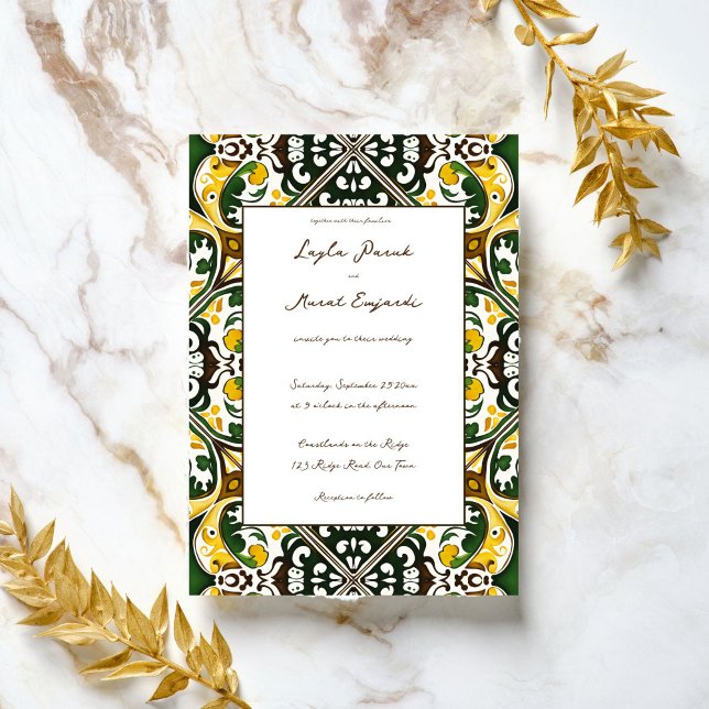 Green yellow vintage Talavera tile wedding Invitation (Green yellow vintage Mediterranean ornament tile wedding Invitation template digital download)