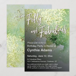 Green Yellow Watercolor Glitter Fifty and Fabulous Invitation