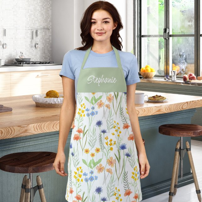 Green Yellow Watercolor Wildflower Custom Name Apron (Creator Uploaded)