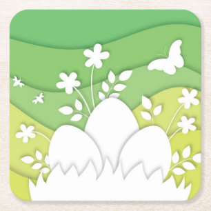 Green yellow waves easter eggs square paper coaster