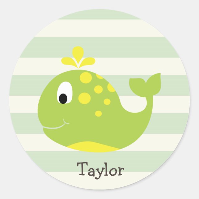 Green & Yellow Whale on Pastel Green Stripes Classic Round Sticker (Front)