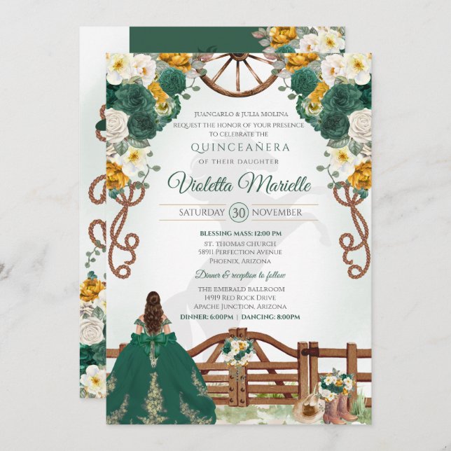 Green Yellow White Gold Western Charro Quinceanera Invitation (Front/Back)