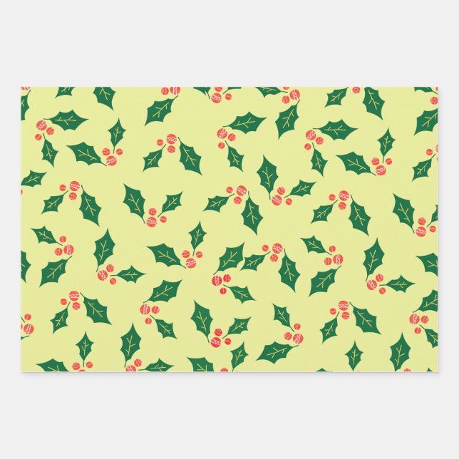 Green Yellow White Red Mistletoe Pattern Wrapping Paper Sheet (Front)