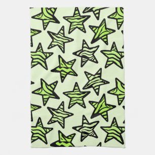 Green yellow zebra print stars tea towel