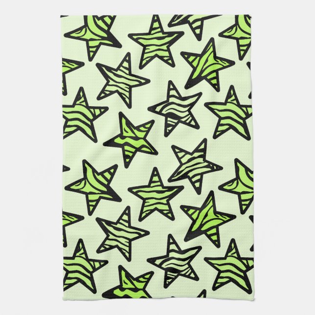 Green yellow zebra print stars tea towel (Vertical)