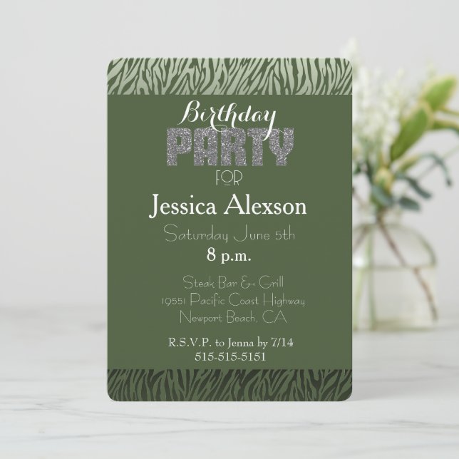 Green Zebra Print Birthday Invitation (Standing Front)