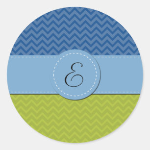 Green Zigzag, Blue Zigzag, Chevron, Monogram Classic Round Sticker