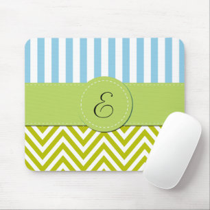 Green Zigzag, Chevron, Blue Stripes, Monogram Mouse Pad
