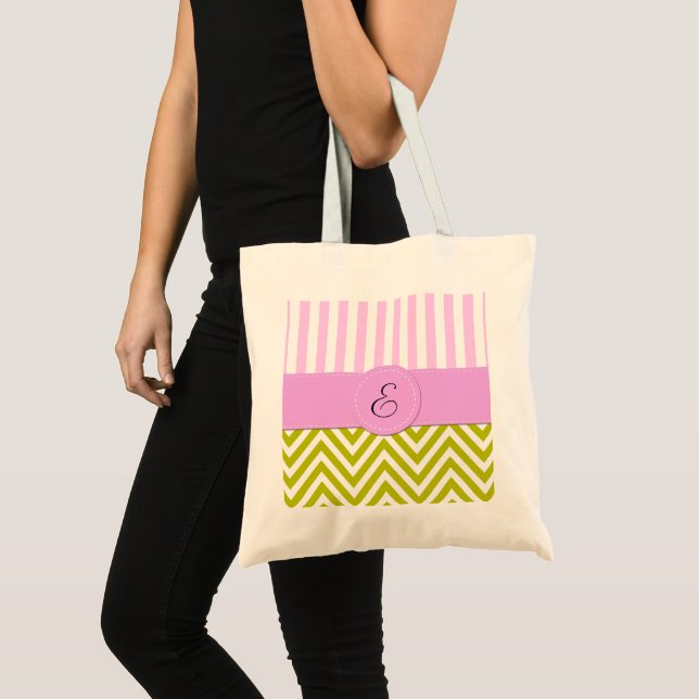 Green Zigzag, Chevron, Pink Stripes, Monogram Tote Bag (Front (Product))