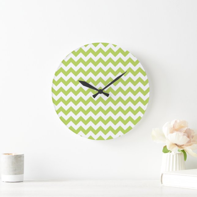 Green Zigzag, Green Chevron, Geometric Pattern Large Clock (Home)