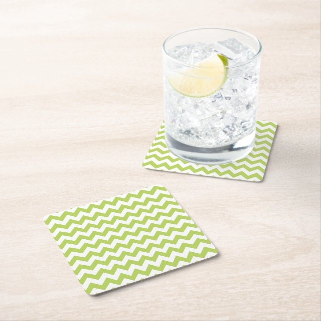 Green Zigzag, Green Chevron, Geometric Pattern Square Paper Coaster (Insitu)