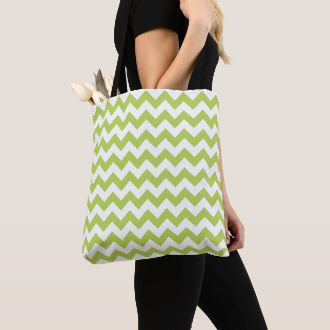 Green Zigzag, Green Chevron, Geometric Pattern Tote Bag (Close Up)