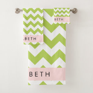 Green Zigzag, Green Chevron, Your Name Bath Towel Set
