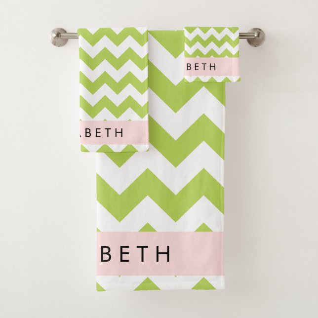 Green Zigzag, Green Chevron, Your Name Bath Towel Set (Insitu)