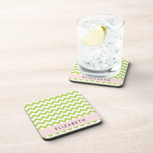 Green Zigzag, Green Chevron, Your Name Coaster (Right Side)