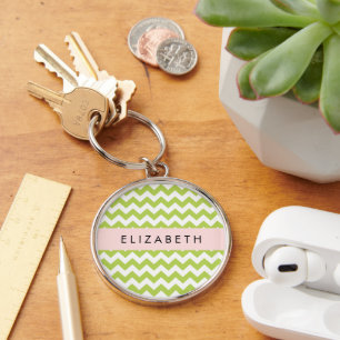 Green Zigzag, Green Chevron, Your Name Key Ring