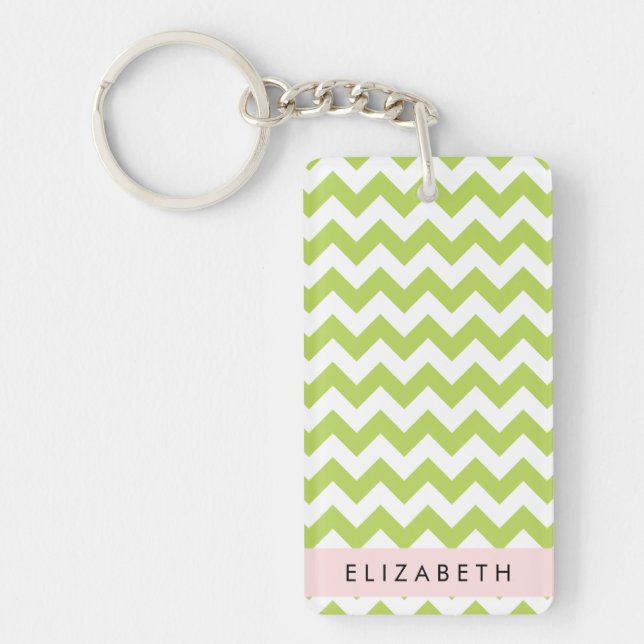 Green Zigzag, Green Chevron, Your Name Key Ring (Front)