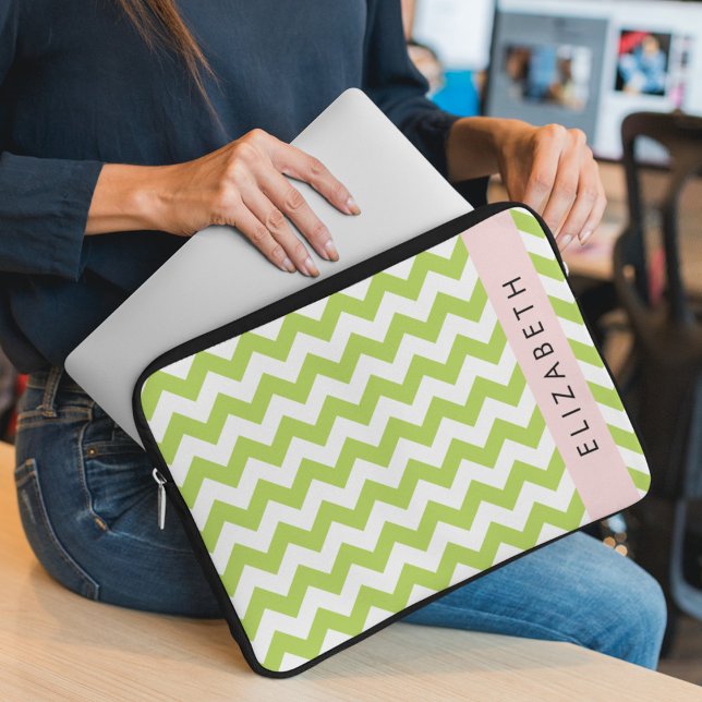 Green Zigzag, Green Chevron, Your Name Laptop Sleeve (Creator Uploaded)