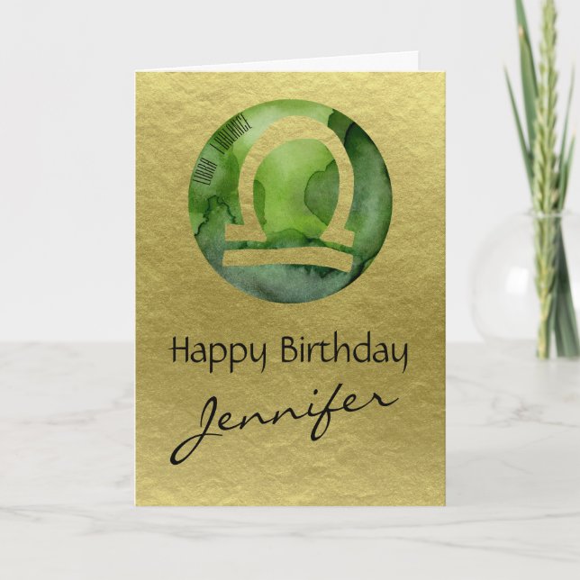 Green Zodiac Sign Libra on Gold Background Holiday Card (Front)