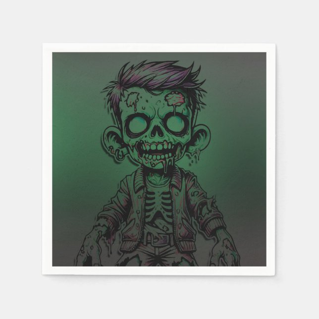 Green Zombie Kid & Slime Halloween Birthday Party Napkin (Front)
