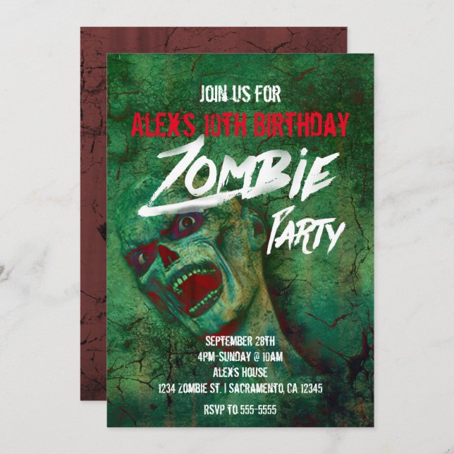 Green Zombie Party Halloween Invitations (Front/Back)